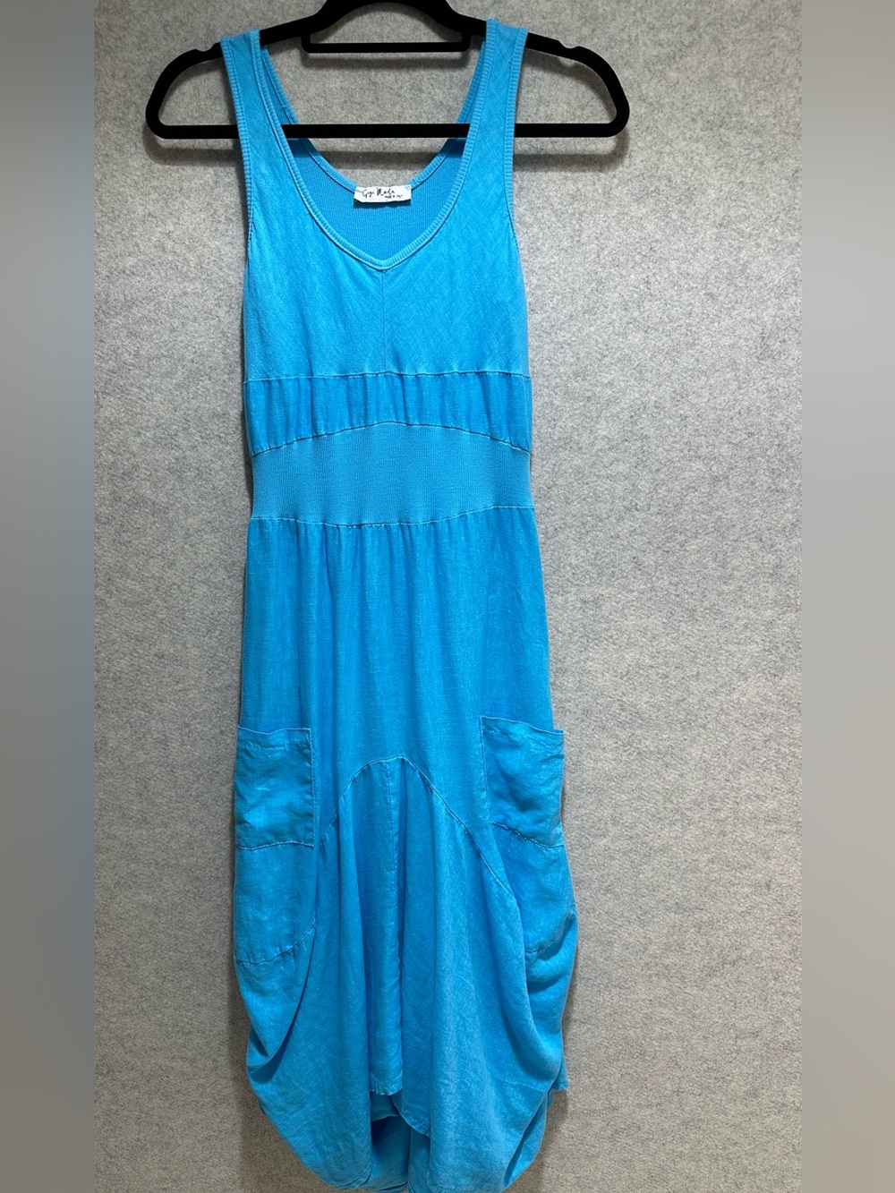 Italian made Sleeveless Turquoise Linen Maxi Dress with Pockets
